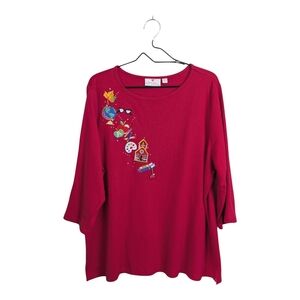 Quacker Factory Red Embroidered Teacher Top Tee 3/4 Sleeve School Teaching XL
